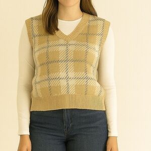 Plaid V-Neck Sweater Vest - Tan